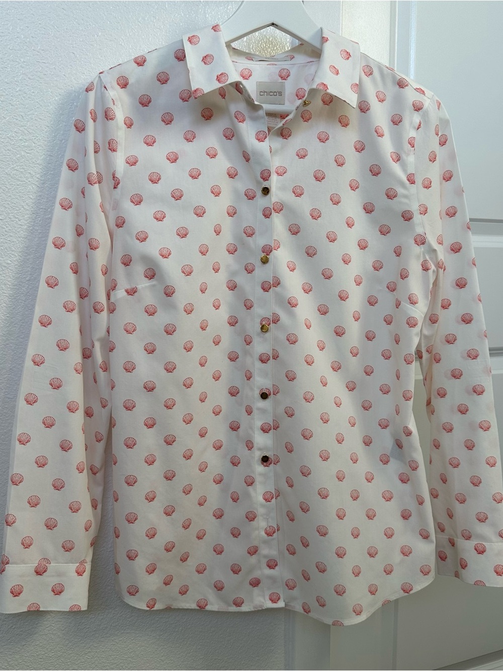 Chico's Women’s Button-Down No- Iron Cotton Shirt with Coral Shell Print